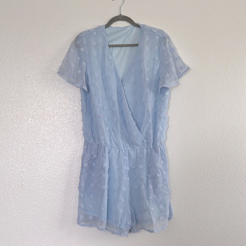 Light blue Swiss dot romper, size XL